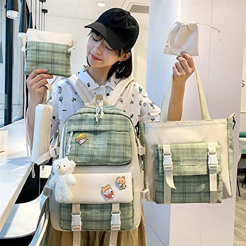 XTRANSF Kawaii Backpack 5pcs Set Aesthetic School Bags, Japanese Backpack with Badge & Pendant, Backpack Cute Aesthetic (C-Green)