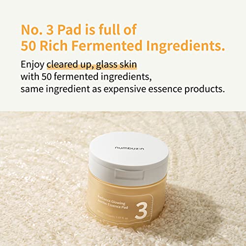 numbuzin No.3 Toner Pads | Radiance Glowing Jumbo Essence Pad | Clear Glass Skin, Skin Radiance, Texture Care | Biodegradable Vegan Pads, Fermented Ingredients, Niacinamide | 70 pads/150ml