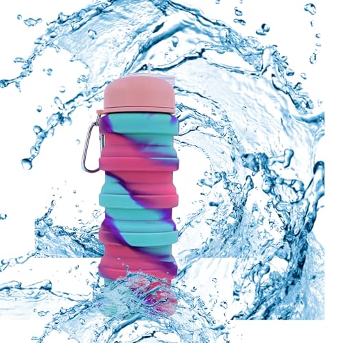 ROLL RIDE FUN Silicone Collapsible Water Bottles, 500ml Portable Foldable Expandable Water Bottle Sports Cups with Carabiner, Leak Proof Reusable BPA Free, for Outdoor Activities Travel (Teal Pink)
