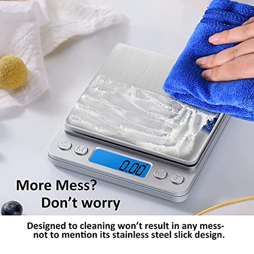 Nabelisen Grams Scale Ounce Mini Scale, 3000g by 0.1g Accuracy, Digital Food Kitchen Durable Scale for Baking,Jewelry, Herbs, Seasoning,9 Units Conversion,Tare Function, Trays Included,Silver