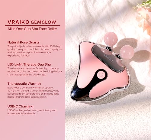 VRAIKO GemGlow Jade Roller and Gua Sha Device, 4-in-1 Gua Sha Face Tools, Face Massager with Red Light Therapy and Heat, Muscle Relaxation, Relieves Fine Lines and Wrinkles (Rose Quartz)