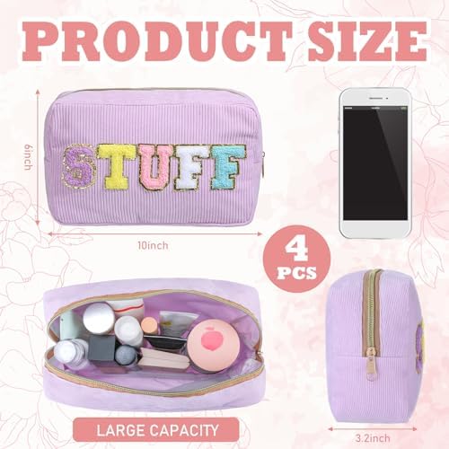 Pinkunn 4 Pcs Preppy Makeup Bags Christmas Chenille Letter Bag Face Skin Hair Stuff Cosmetic Bag Corduroy Makeup Pouch with Zipper Birthday Gifts for Women(Purple, Pink, White, Blue,Corduroy)