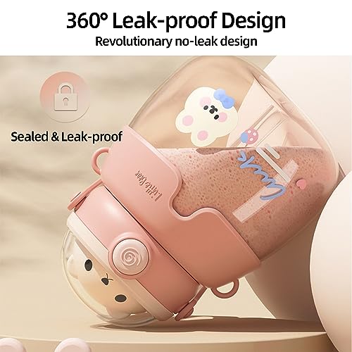 YumLock Kawaii Water Bottle for Kids School with Straw | Cute Bear Design | Large Capacity | Leak-Proof | BPA-Free | Reusable Girls & Women Cup for Travel, Sports, Camping | 860ml, Blue