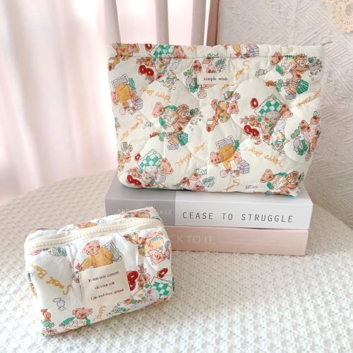 Sminra Floral Makeup Bag Large Cotton Quilted Cosmetic Makeup Bag Organizer, Aesthetic Portable Pouch Purse Toiletry Bag for Women Girls Travel accessories(Blue Floral-L)