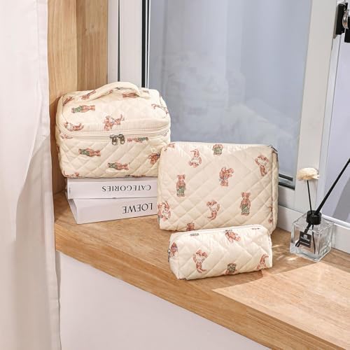 Makeup Bag, 3 Pieces Large Floral Quilted Makeup Bag Set for Women, Cotton Quilted Big Cosmetic Bag, Cute Makeup Bag Pouch Storage Bag, White Bear Pattern