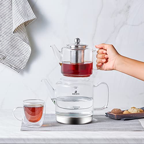 KARACA Dora Glass Teapot Set, 1 L/33 oz, 2 L/66 oz Silver, Transparent, Tea Maker, Kettle, Turkish Tea Kettle