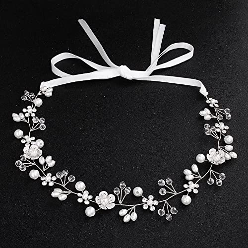 Flower Wedding Hair Accessory, Crystal Pearl Bridal Headband Flower Hair Vine Silver Bride Headband for Women and Girls