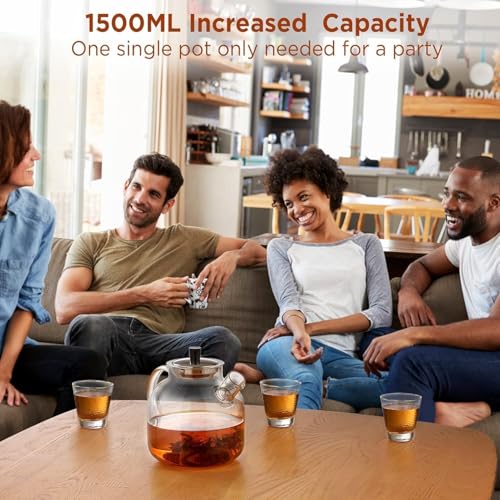 ORCHID MÂ® 1500ml(50oz) Large Round Glass Teapot with Removable, Borosilicate Heat Resistant Stovetop Safe Glass Tea Kettle Blooming for herbal tea,scented tea Stainless Steel Infuser Strainer