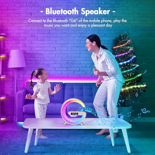 Wireless Charger Atmosphere Lamp, 2023 New Mini LED Table Lamp, Bluetooth Speaker, Dimmable Night Light Bedside Lamp Alarm Clock with Music for Christmas Birthday New Year Valentines Day Gifts