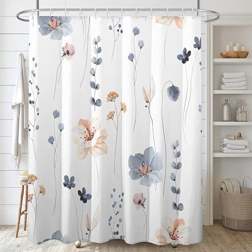 ChicAbode Watercolor Floral Shower Curtain Sets,Blue Beige Flowers Bathroom Curtains,Modern Minimalist White Bath Curtain, Waterproof Fabric with 12 Hooks 180x200 cm