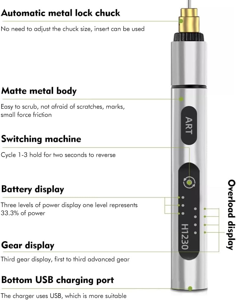 Electric Engraving Tool Kit, Azonee USB Cordless Rechargeable Engraving Pen With 4 Tungsten Carbide Tip, Mini DIY Rotary Engraver for Carving Leather Wood Metal Stone Plastic Jewelry Glass(Silver)