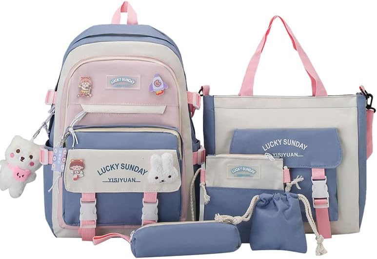 5PCS School Backpack Set for Teen Girls School Bag with Bear Pendant Back to School Backpacks Supplies Students Laptop Bookbag Casual Daypack Gifts for Girls - Blue