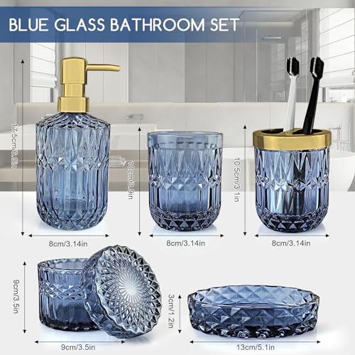 Topsky Blue Bathroom Accessory Set, Glass Bathroom Decor Countertop Organizer,5Pcs Bathroom Accessories with Lotion Dispenser(Cylindrical), Soap Dish, Toothbrush Holder, Tumbler, Cotton Swab Jars