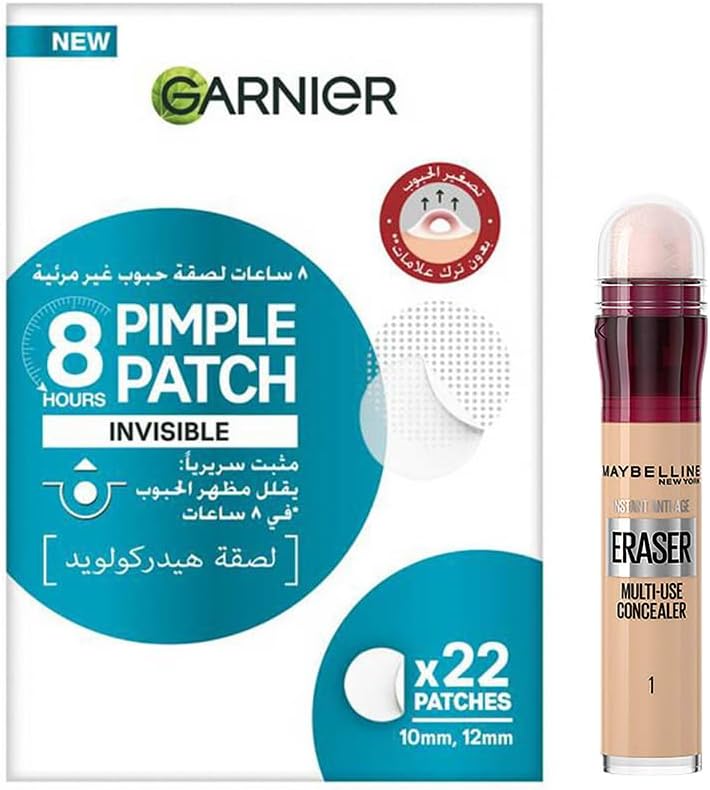 Garnier SkinActive Invisible Pimple Patch for Zits Cover, Fast Clear 8 Hours, Spot Stickers for face, (22 Patches), Invisible Under Makeup, with Hydrocolloid, in 2 sizes, made in Korea - 400 ml + Eye Concealer f1 Light
