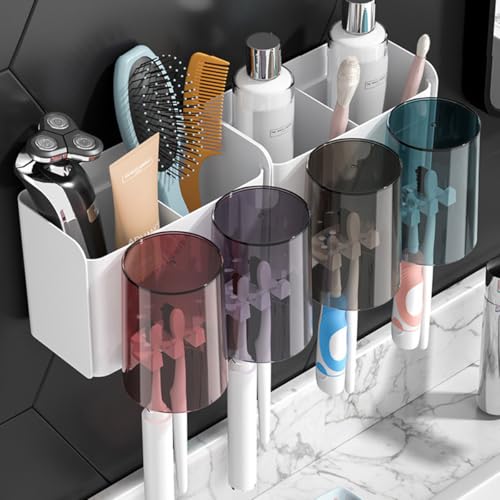 ECVV 2 Cups Wall Mounted Toothbrush Holder Set, Bathroom Toothbrush Holder with 2 Classification Storage Compartments -Automatic Toothpaste Squeezer Storage Rack Bathroom Accessories Set