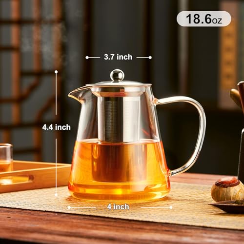 NALACAL Glass Teapot Stovetop 18.6 OZ, Borosilicate Clear Tea Kettle with Removable 18/8 Stainless Steel Infuser, Blooming and Loose Leaf Hand Crafted Kettle for Camping, Travel (550ML)