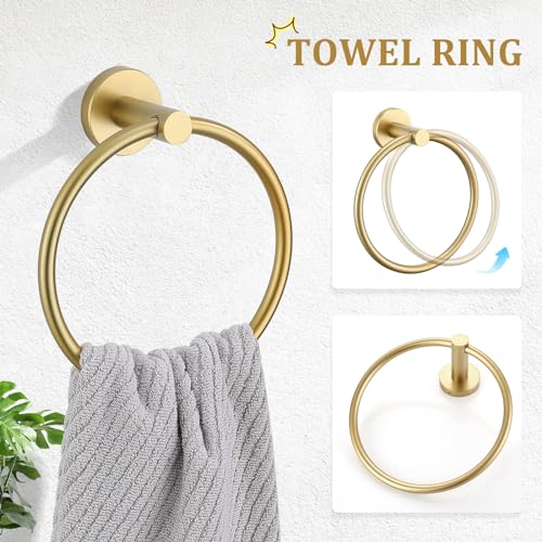 TURS Brushed Gold 5 Piece Bathroom Hardware Set, SUS304 Stainless Steel 24 Inch Bath Towel Bar Set, Round Bathroom Accessories Set Wall Mounted