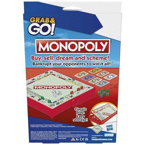 Monopoly Grab and Go Game for Kids Ages 8 and Up, Portable Game for 2-4 Players, Travel Game for Kids