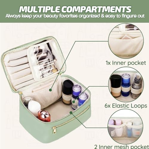 PawPawU Makeup Bag, Travel Cosmetic and Toiletry Organizer, Vegan Leather Waterproof Beauty Washbag with Handle to Keep Your Make up, Brushes, Skincare Products Organized (Beige)