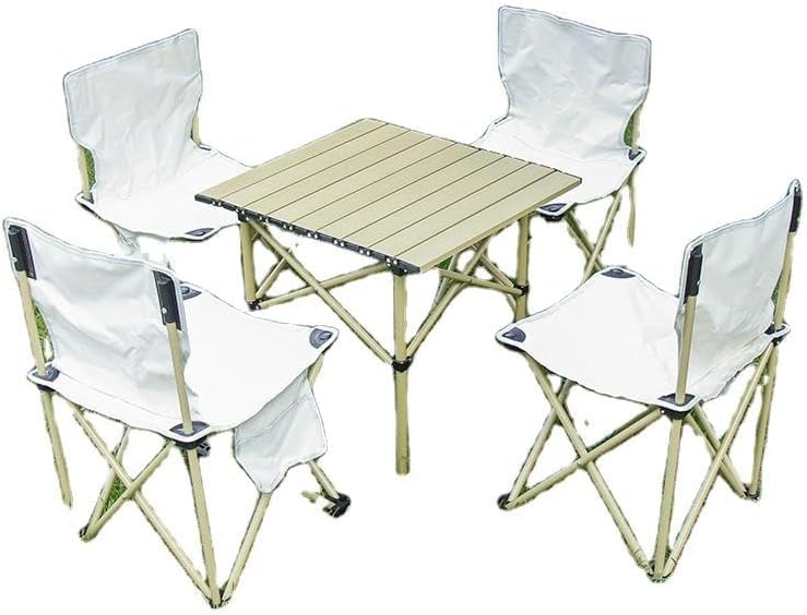 YU WELL Portable Roll-Up Camping Table with 4 Chairs, Lightweight Aluminum Folding Picnic Table Set with Carry Bag, Waterproof, Rust-Resistant Outdoor Table & Chair for Camping 95X55X50CM Black - Beige Table 53X50X50CM With 4 Chairs
