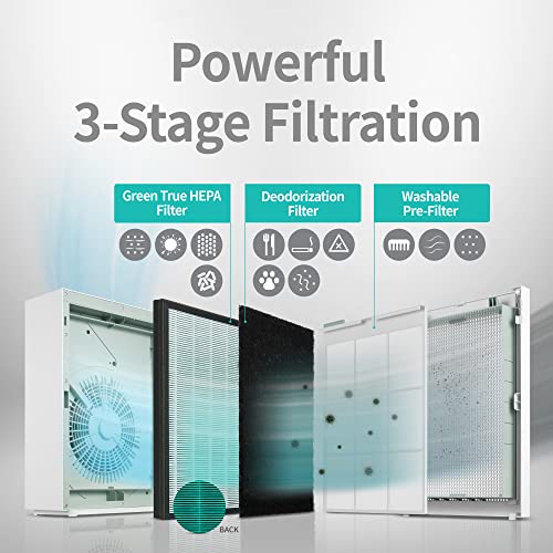 COWAY Air Purifier for Large Home Bedroom 1,035ft², Long-life 3-in-1 Filter, GreenHEPA, Air Quality Monitor, Auto Mode, Removes 99.99% Pet, Dust, Odours, Allergies, Quiet 20db sleep mode, AM-150 White