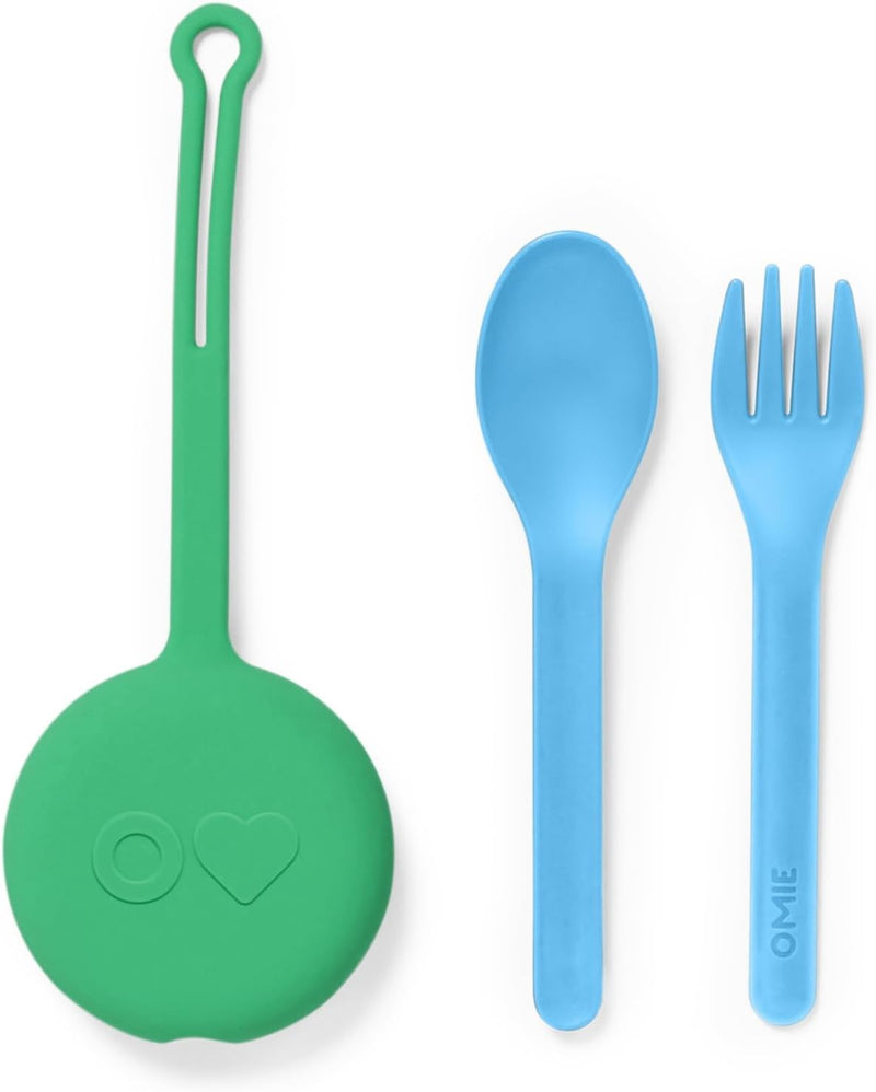 OmieBox Kids Utensils Set with Case - 2 Piece Plastic, Reusable Fork and Spoon Silverware with Pod for Kids (Capri Blue) - Mint Green