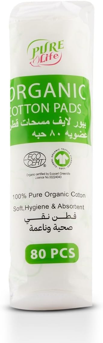 PureLife Organic Cotton Pads 80pcs Soft Reusable Rounds for Face Makeup Removal, Skincare, Cleansing Gentle, Eco-Friendly, Biodegradable Cotton Pads