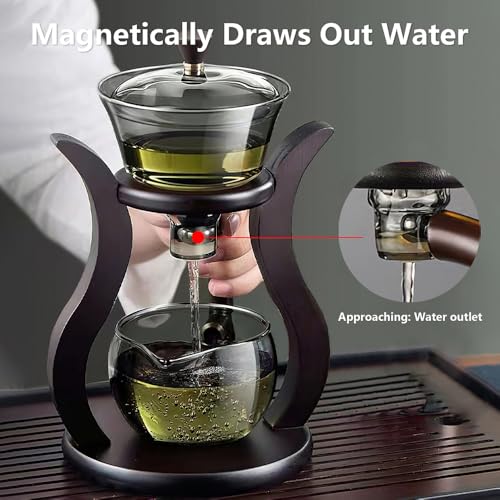 CUNHUY Lazy Kungfu Drip TeaPot, Heat Resistant Tea Set, Semi-Automatic Glass Teapot Suit for Magnetic Water Flow Wooden Glass Teapot Set (Wooden handle+glass body)