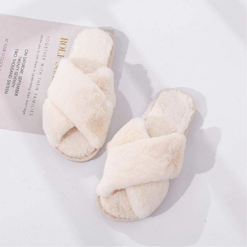 QETUOA Winter Women'S House Slippers Faux Fur Fashion Warm Shoes Woman Slippers Comfortable Home Furry Slippers- Beige