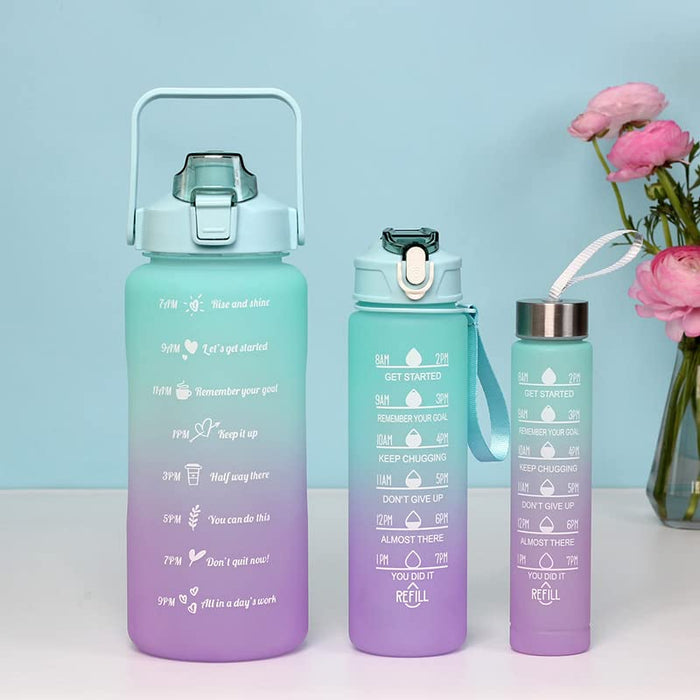 HALAMODO Sports Water Bottles Set of 3, 2000ml+900ml+500ml BPA Free Motivational Sports Water Bottle with Time Capacity Marker Water Bottle for School, Office, Home, Gym