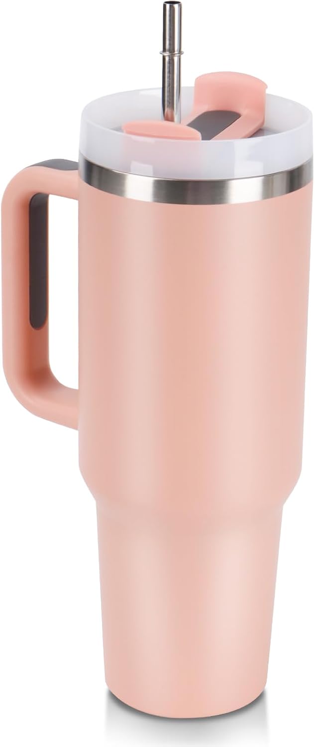 Kerykwan 40oz Tumbler with Handle Insulated Stainless Steel Travel Coffee Mug with Straw&Lid Large Water Bottle Cup for Hot&Cold Beverages (Pink)