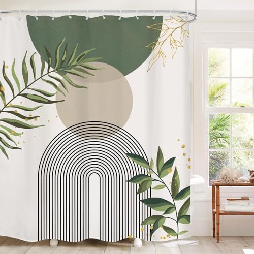 Boho Sage Green Shower Curtain 180 * 180CM, Abstract Bohemian Mid Century Modern Bathroom Curtain, Curtain for Home Bathroom Hotel Decor with Hooks