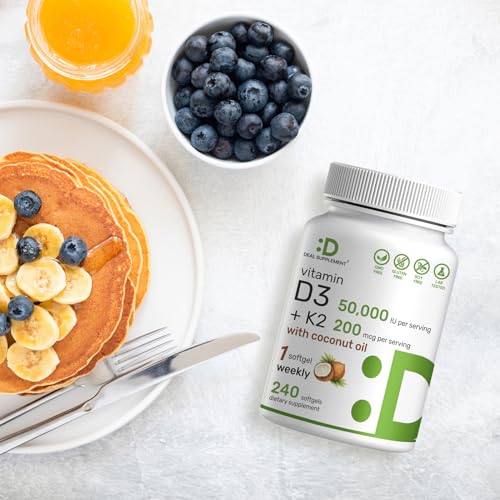 DEAL SUPPLEMENT Vitamin D3 50,000 IU + K2 MK7 200 mcg,240 Softgels | Virgin Coconut Oil, Max Strength Vitamin D & K, Promotes Heart, Bone, & Teeth Health â€“ One Softgel Weekly, Easy to Swallow