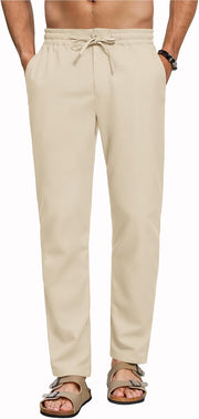 Mens Linen Pants Drawstring Casual Pants Lightweight Stretch Beach Pants Baggy Dress Trousers - Beige