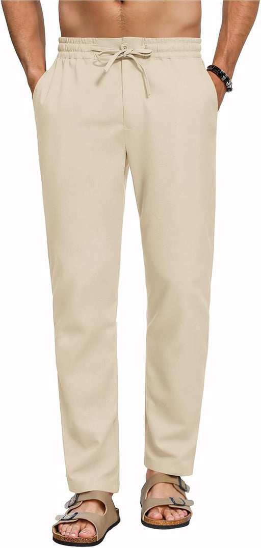 Mens Linen Pants Drawstring Casual Pants Lightweight Stretch Beach Pants Baggy Dress Trousers - Beige