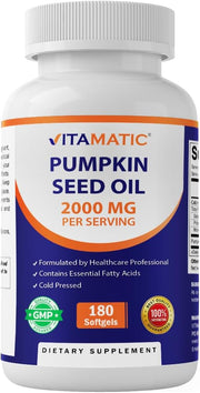 Pumpkin Seed Oil 2000mg Softgel Capsules per Serving - 180 Softgels - 1000mg per softgel - 180 Count (Pack of 1)