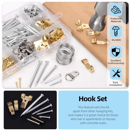 Glarks 279pcs Picture Hanging Kit, Hanging Hardware with Hooks, Wire, Nails, D Ring, Wall Hanging Kit, Heavy Duty Picture Hanger Frame Hook Hardware, Heavy Duty Frame Hanging Hardware for Hanging