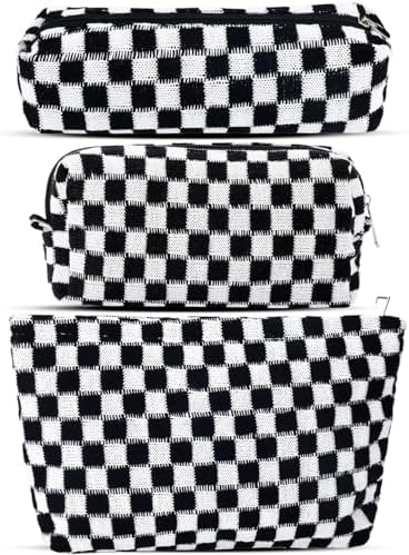 ZLFSRQ 3Pcs Checkered Makeup Bag for Women Large Cosmetic Bag Set Travel Toiletry Bag Makeup Pouch Bag for Purse Pink Zipper Storage Bag Organizer Cute Small Aesthetic Girls Car Essentials Bag