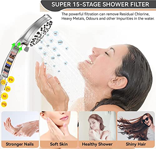JNILE Filtered Shower Head, 15 Stage Handheld Shower Head Filter for Hard Water, 10 Modes High Pressure Shower Head with 60" Hose and Bracket, Remove Chlorine and Harmful Substance
