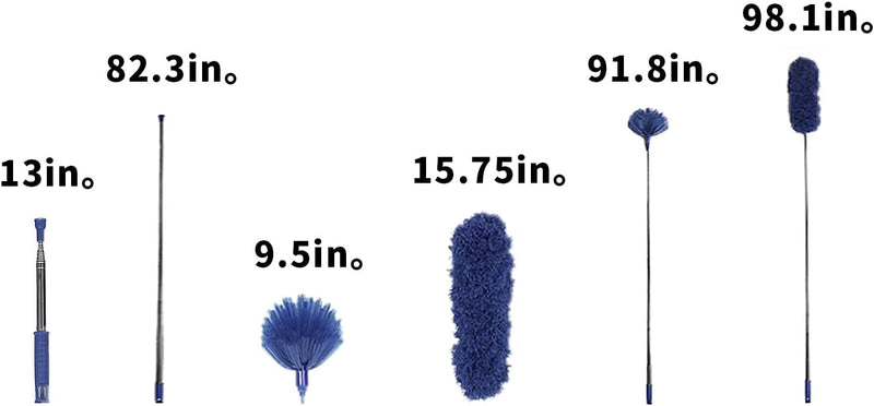 Ceiling Fan Duster with Extension Pole, Cobweb & Corner Brush Cleaning Kit w 2 Duster Heads for Cleaning,15-100 Inch Long Handle Aluminum Telescoping Pole, WashableBlue - Blue