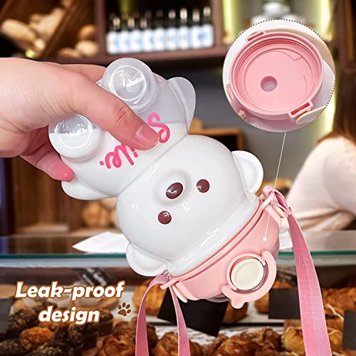 YHRY Kawaii Bear Water Bottle with Straw and Strap, Cute Water Bottles for Kids, Portable Leakproof BPA-free Drinking Cups for Girls Women Sports Camping Picnic Hiking Travel (Pink) (PINK)