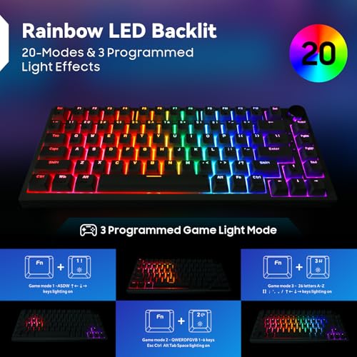 Baytion Mechanical Gaming Keyboard, 82 Keys 75% Compact Gaming Keyboard with Rainbow LED Backlit Wired Anti-Ghosting Mechanical Keyboard with Knob for Windows and Mac, White(Red Switchesï¼