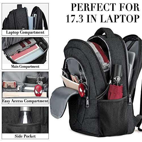 Laptop Backpack for Men and Women, Black Water Resistant Back Pack, Business Men Sturdy Computer Bag with USB Charging Port, School Backpacks for Teen Boys and Girls, Gifts