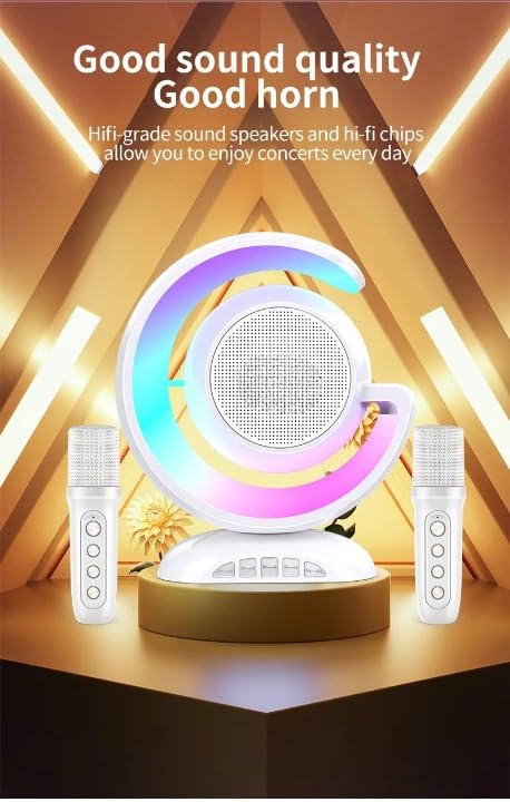 REBENUO YS -110 New Portable Speaker Small TWS Bass Speaker With Double Wireless Microphone Dazzling Lights Moon shaped ornaments. White