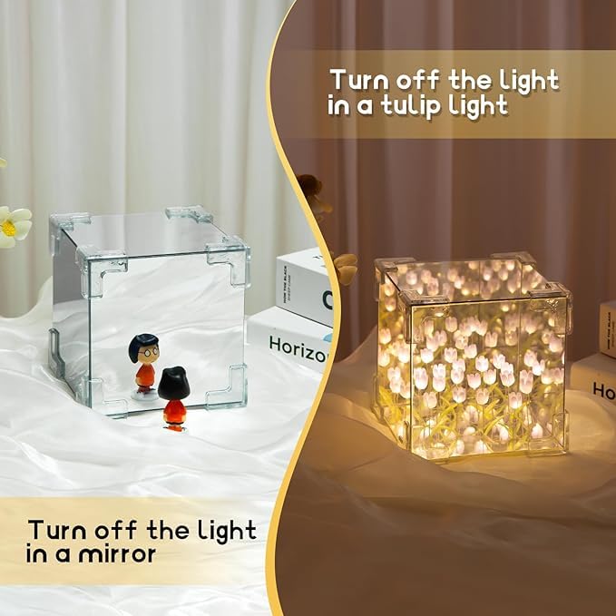 Tazweeq Tulip Night Lamp, Bedroom LED Decorative Night Lamp, Handmade DIY Rubik's Cube Tulip Table Lamp and Mirror 2 in 1, Exquisite Birthday Gifts
