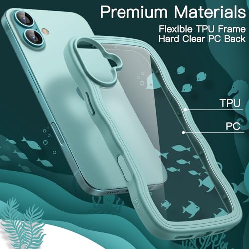 JETech Wavy Case for iPhone 16 6.1-Inch, Cute Wave Frame Curly Shape Shockproof Phone Cover for Women and Girls, Clear Hard PC Back (Teal)