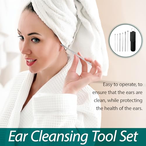 6 In 1 Ear Cleansing Tool Set, Ear Wax Removal Kit, Ear Pick, Stainless Steel, Spiral Design, Reusable with Storage Box, Safely, Gently, Ear Cleaner for Kids and Adults, Ear Wax Buildup (Black)