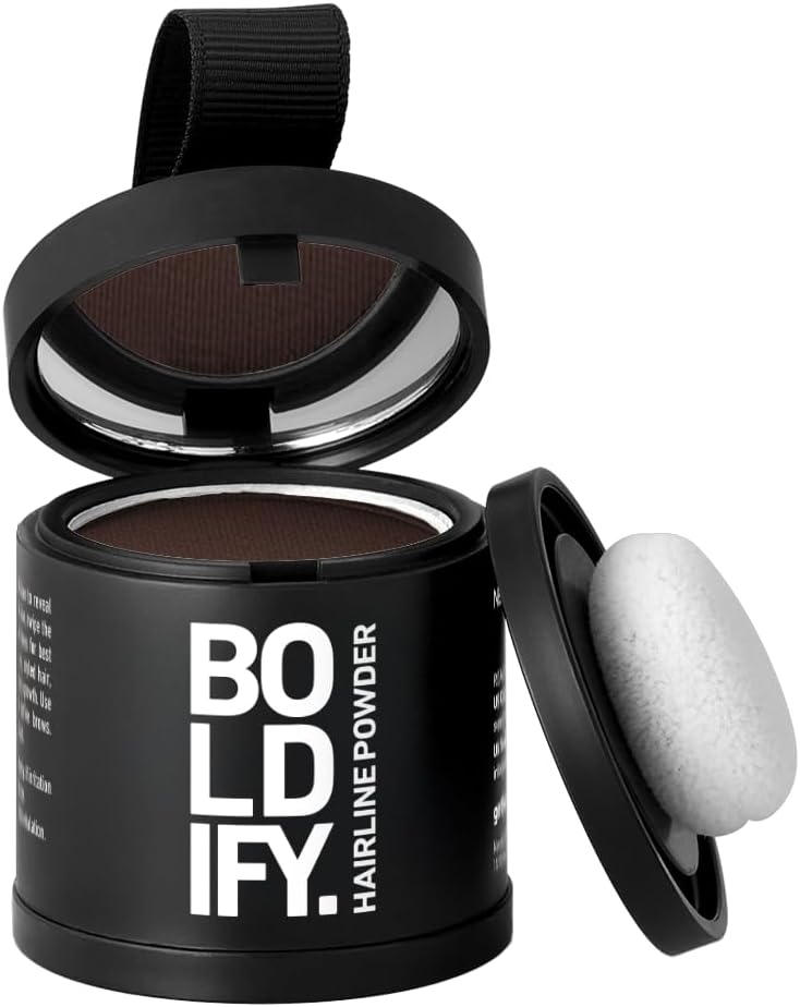 BOLDIFY Hairline Powder, Instantly Conceals Hair Loss and Fills In Receding Hairlines, and Wide Parts, Stain-Proof 48 Hour Formula for Hair & Beard, Root Concealer & Gray Hair Coverage (Medium Brown) - Hazel Brown