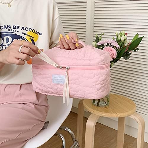 Juoxeepy Cotton Makeup Bag Large Travel Cosmetic Bag Quilted Cosmetic Pouch Coquette Aesthetic Floral Toiletry Bag, A-White, 10x5.9x5.3in