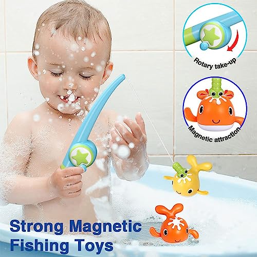 Joyzzz Kids Bath Fishing Toy, Magnetic Fishing Game with Wind-Up Swimming Whales, Toddler Bath Toys for Baby Bath Time Sensory Development, Boys Girls 2 3 4 5 Years Bathtub Toy